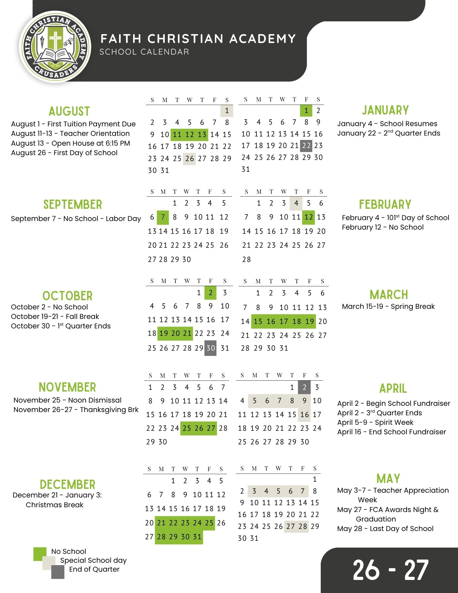 Event calendar for Faith Christian Academy