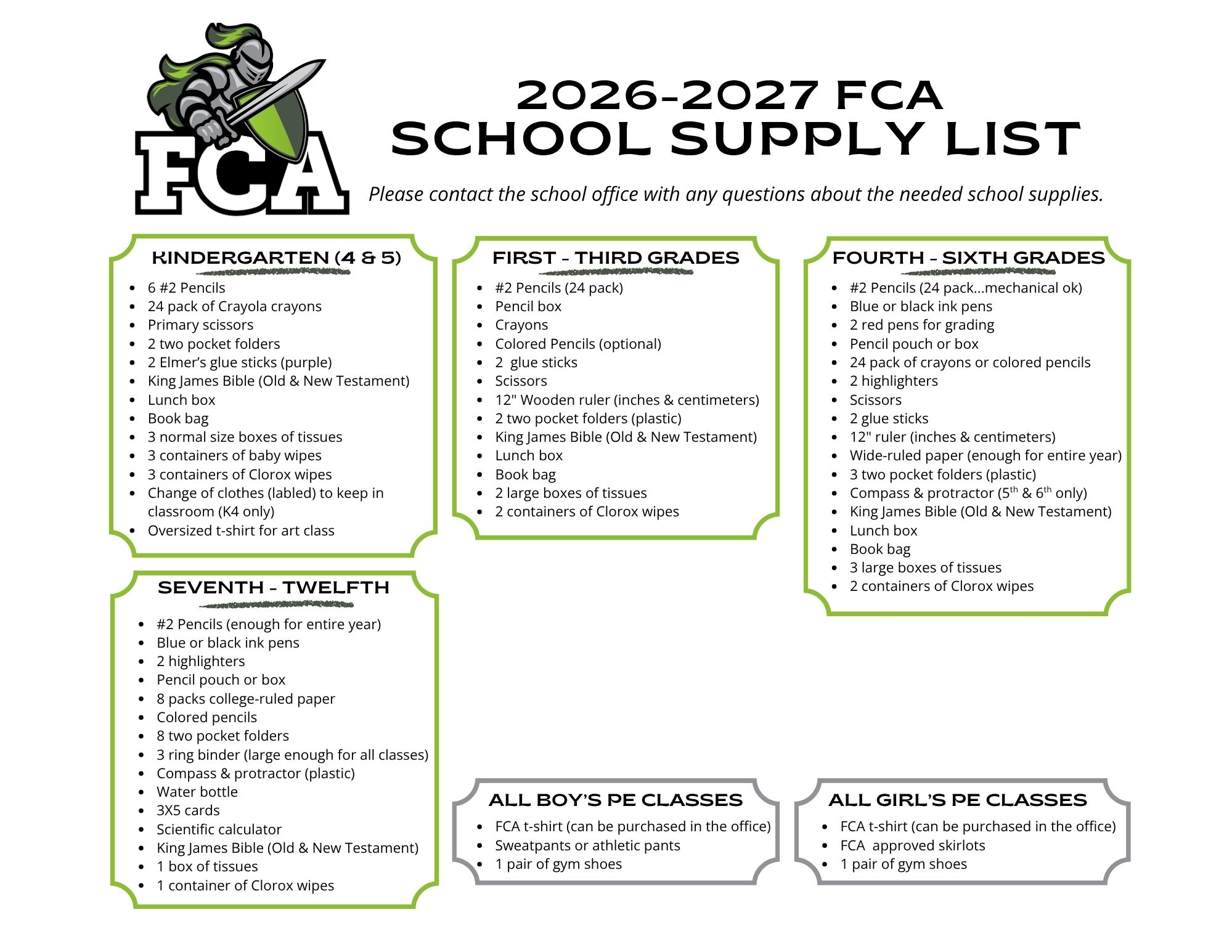 School supply list for Faith Christian Academy